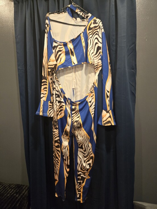 Pants - Blue Zebra-Print Cutout Jumpsuit